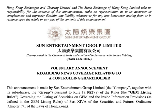 Sun Entertainment Group issues statement on Alvin Chau