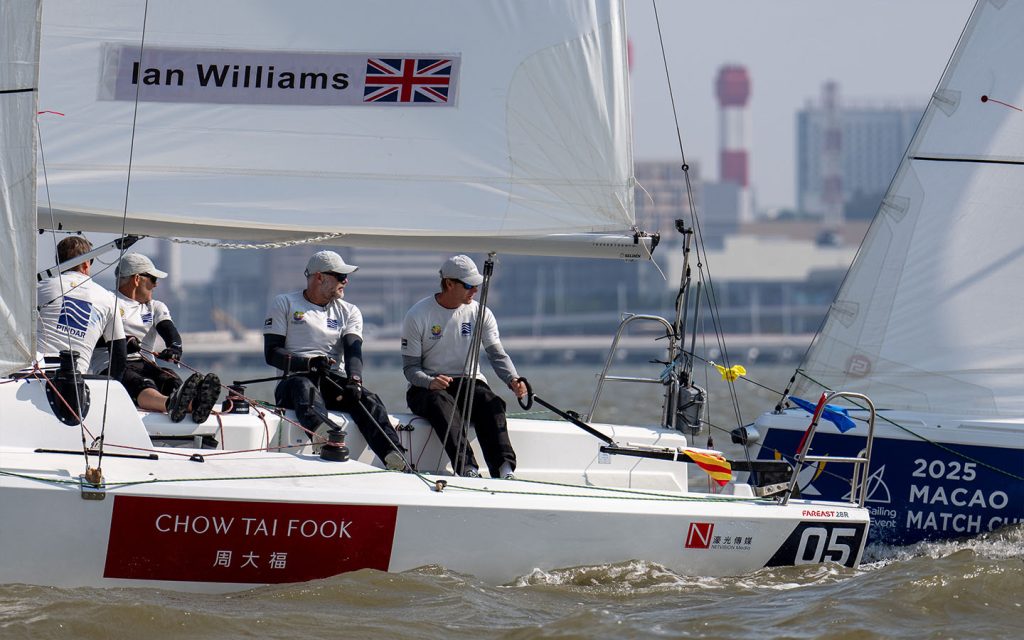 British skipper Ian Williams and his Pindar by Manuport Logistics team in action during match racing at the Macao Match Cup 2025