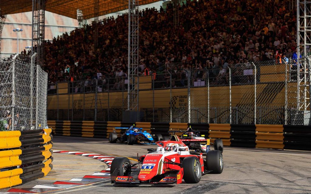 Formula Regional cars pictured on the Lisboa Bend at the 2025 Macau Grand Prix